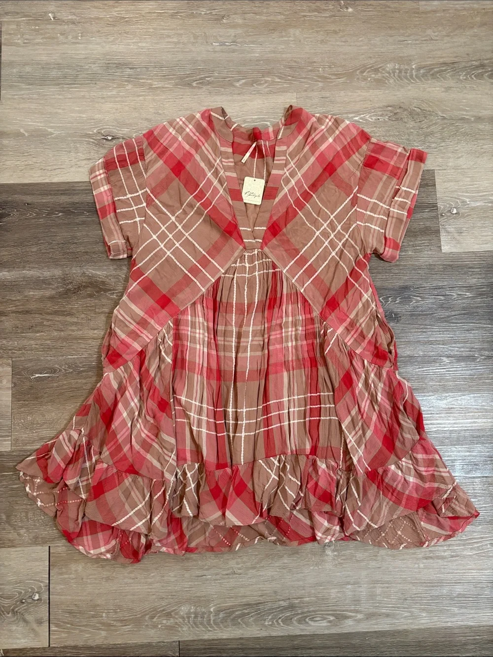 NWT Free People Plaid Split V-Neck MiniDress Ballet Combo w/Pockets Billowy